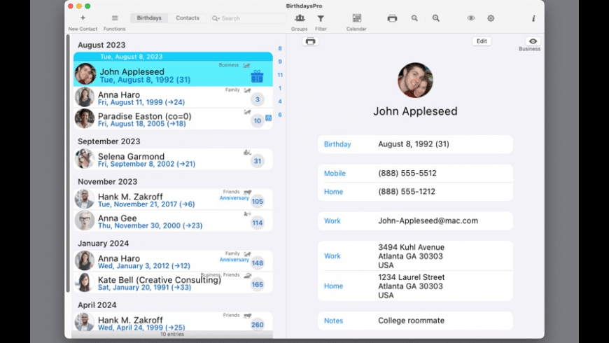 BirthdaysPro for Mac - review, screenshots