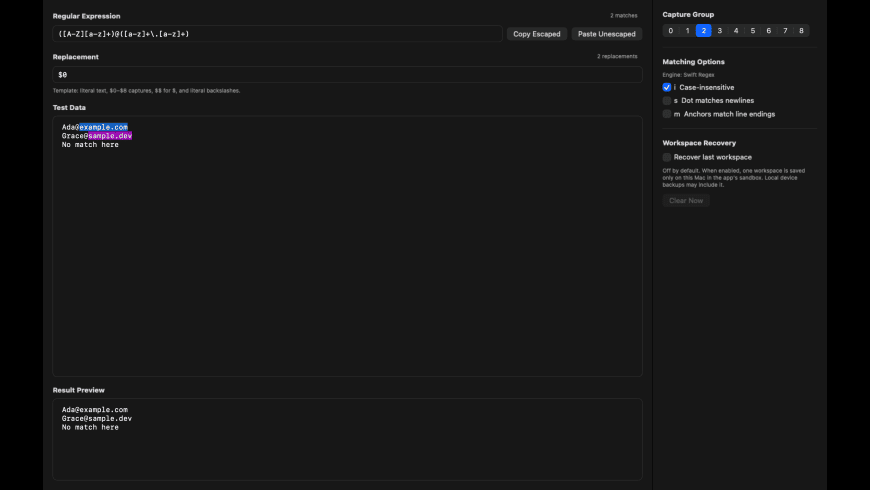 Regex for Mac - review, screenshots