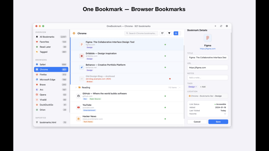 One Bookmark for Mac - review, screenshots